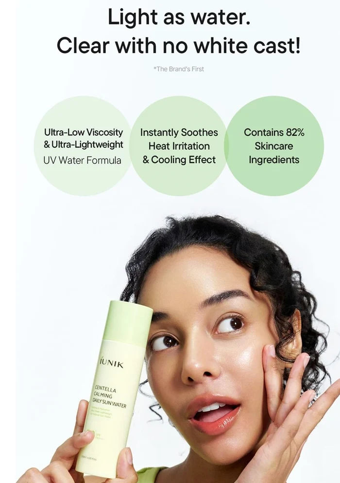 Iunik Centella Daily Sun Water SPF 50+ PA++++ 120ml is light as water clear with no white cast