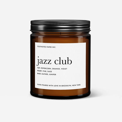 Jazz Club Candle - Smoky Leather & Juniper Scented Candle - Footnotes Paper