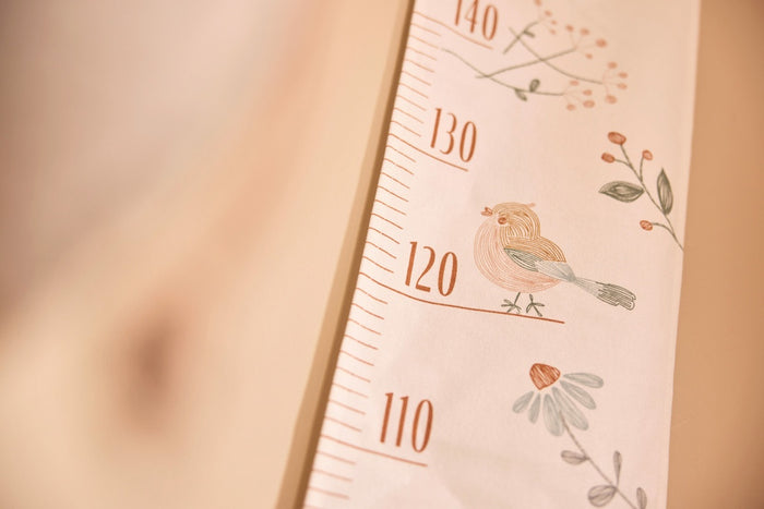 Messlatte Lovely Birds von Jollein – Detailansicht der beigefarbenen Baumwoll-Messlatte mit Vogelmotiv fürs Kinderzimmer