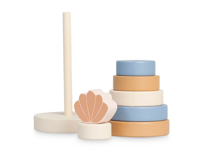 Stapelturm Muschel von Jollein aus Holz – blau-beige-rosa Motorikspielzeug zum Sortieren und Stapeln ab 12 Monaten