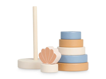 Stapelturm Muschel von Jollein aus Holz – blau-beige-rosa Motorikspielzeug zum Sortieren und Stapeln ab 12 Monaten