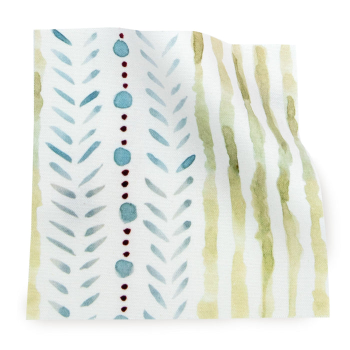 Julia made-to-order cotton fabric with blue and green abstract stripes and dots, crafted in the USA with short lead times
