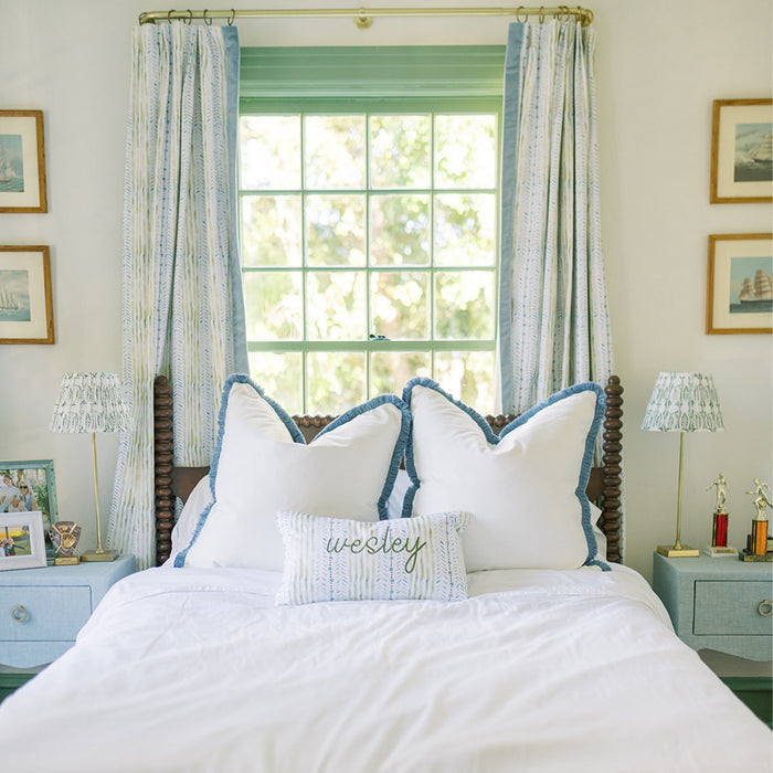 Julia made-to-order curtains with soft blue and green stripe pattern, crafted in the USA with short lead times