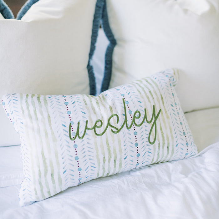 Julia made-to-order decorative pillow with green and blue vertical brushstroke stripes, manufactured in the USA with short lead times