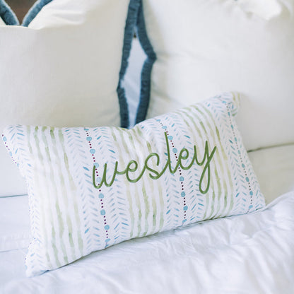 Julia made-to-order decorative pillow with green and blue vertical brushstroke stripes, manufactured in the USA with short lead times