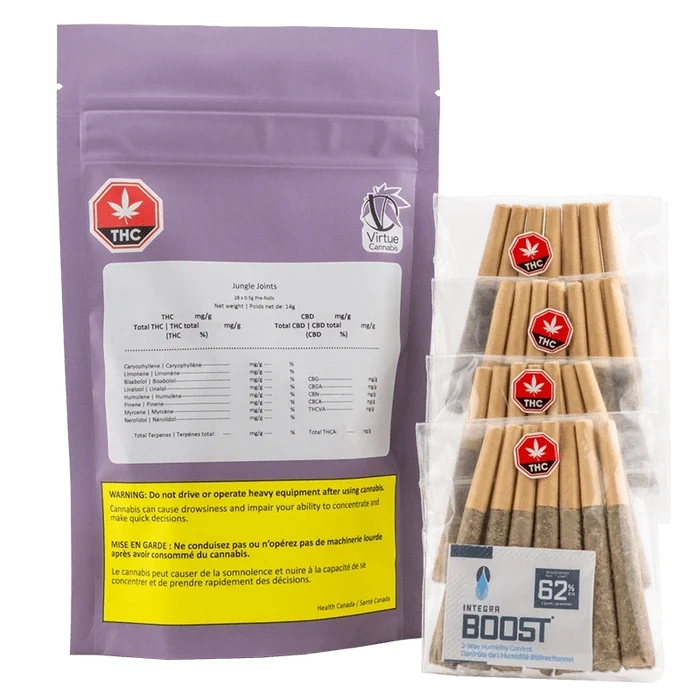 Front-facing shot of a purple pouch and clear tray of pre-rolled cones labeled Jungle Joints PR 28 x 0.5 g, the pouch showing a white lab-style sticker and yellow warning panel.