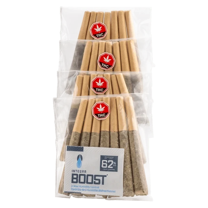 Top-down view of four clear bags of Jungle Joints PR 28 x 0.5 g arranged vertically, each showing brown pre-rolls and red THC stickers.