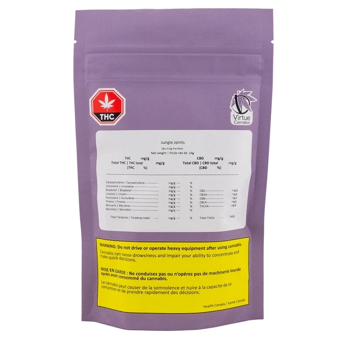 Front view of a purple resealable pouch labeled Jungle Joints PR 28 x 0.5 g with a white information panel, THC icon, and yellow warning box.