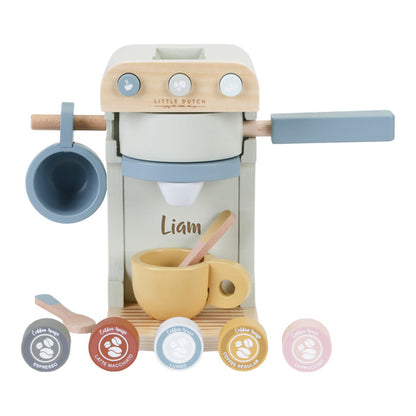 Personalisierte Little Dutch Kaffeemaschine aus Holz in Mint mit Lasergravur – Rollenspielset mit Tassen, Löffeln und Kaffeepads