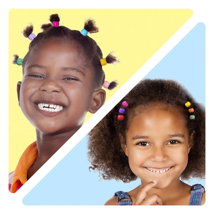 Two smiling girls wearing RED BEAUTY by KISS kids mini claw clip set with colorful clips in hair