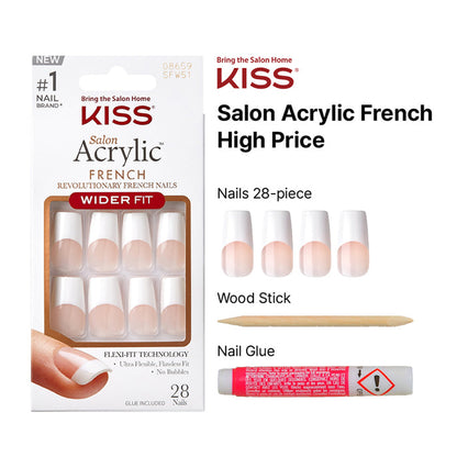 Kiss Salon Acrylic French Wider Fit Nails 28 piece clear French tip press on nails with glue and wood stick