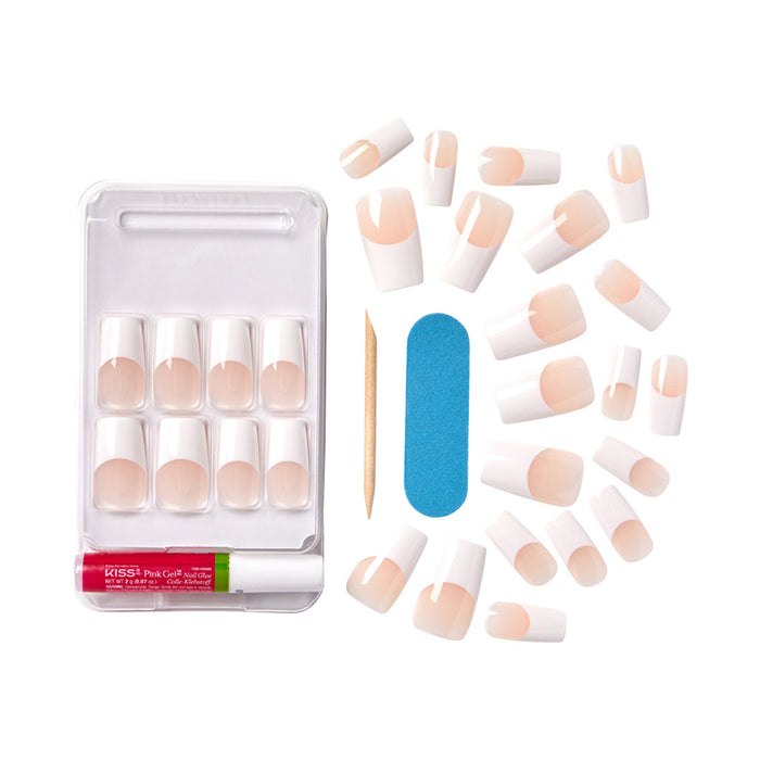 Kiss Salon Acrylic French Wider Fit Nails press on set with white tips nude base glue file and wooden cuticle stick