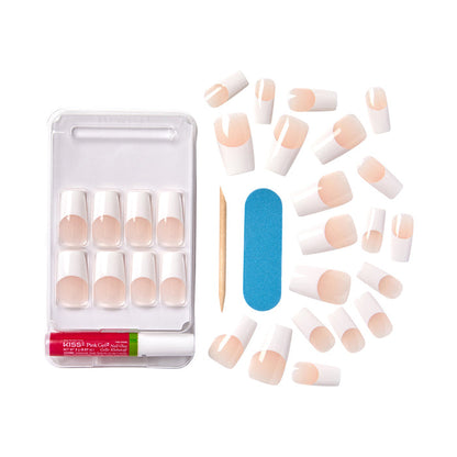 Kiss Salon Acrylic French Wider Fit Nails press on set with white tips nude base glue file and wooden cuticle stick