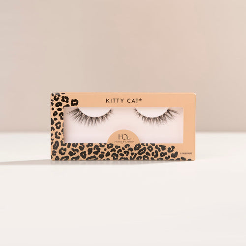 Kitty Cat false lashes features a natural flair for a subtle cat-eye effect, with wispy fibers, natural volume, and a short length.