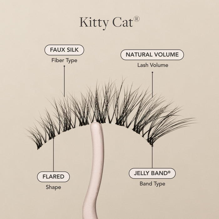 Kitty Cat false eyelashes with faux silk fibers, natural volume, flared shape, and a Jelly Band.