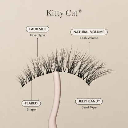 Kitty Cat false eyelashes with faux silk fibers, natural volume, flared shape, and a Jelly Band.