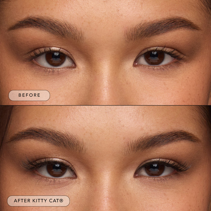 Before and after of a model wearing Kitty Cat lashes,