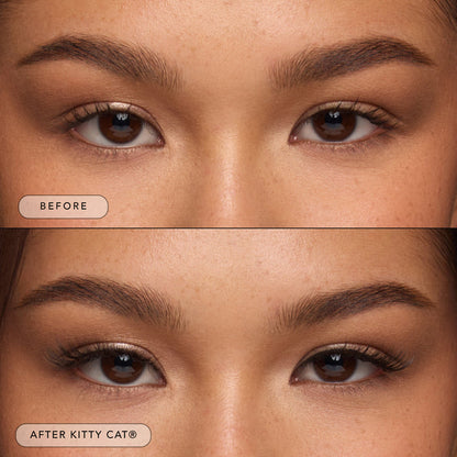 Before and after of a model wearing Kitty Cat lashes,