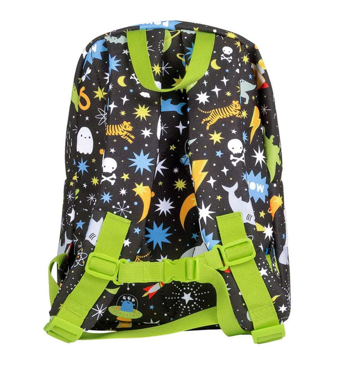 Schwarzer A Little Lovely Company Rucksack Galaxy – Kinder-Rucksack mit Weltraummotiv, Fronttasche und Brustgurt