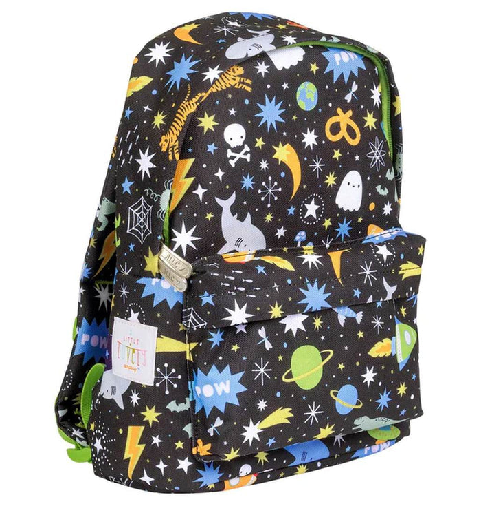 A Little Lovely Company kleiner Rucksack Galaxy in Schwarz – 7-Liter-Kinder-Rucksack mit Raketen, Planeten und Sternen für Kita und Schule