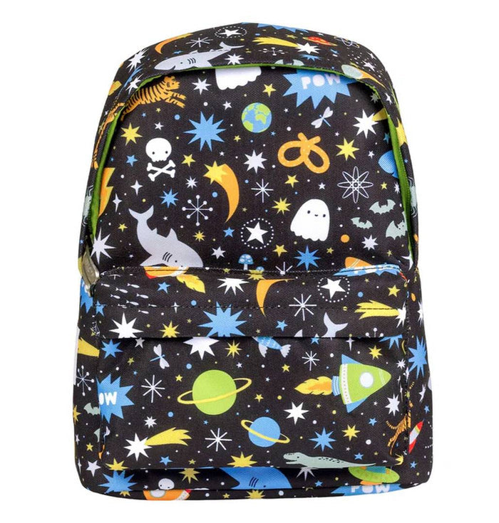 Kleiner Galaxy Kinder-Rucksack von A Little Lovely Company – weitere Produktansicht mit Raketen-, Planeten- und Sternenmotiv