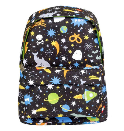 Kleiner Galaxy Kinder-Rucksack von A Little Lovely Company – weitere Produktansicht mit Raketen-, Planeten- und Sternenmotiv