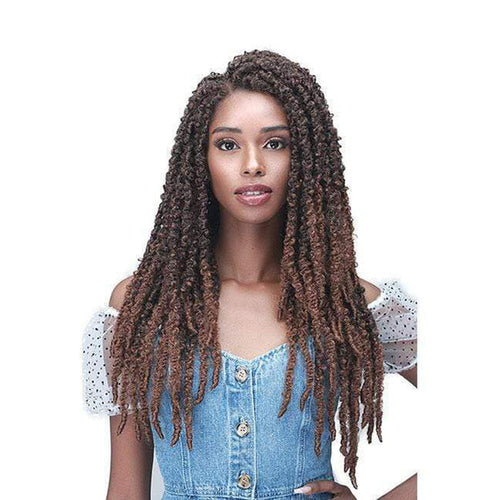 BOBBI BOSS Butterfly locs lace front wig long brown textured locs with natural hairline model in denim dress