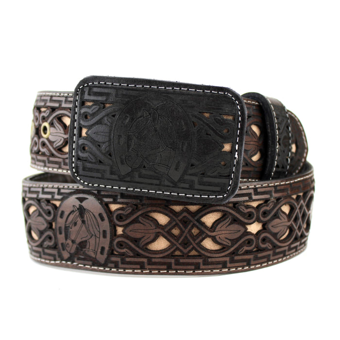 Laser Cowboy Belt w/ Horse Buckle- Black & Café