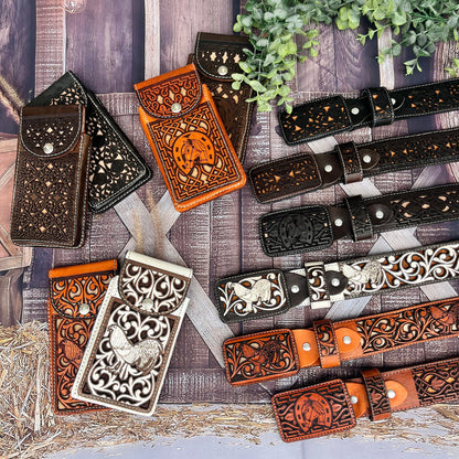 Laser Cowboy Belt w/ Horse Buckle- Black & Café