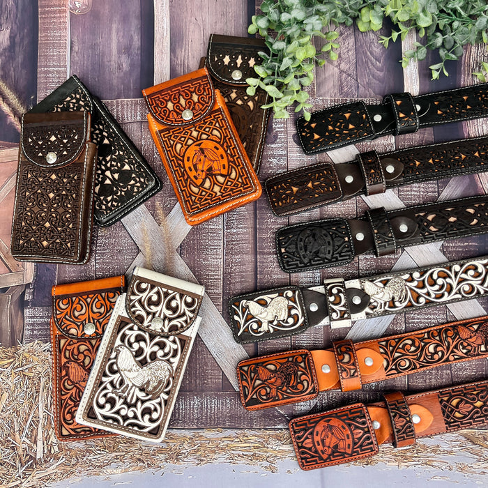Laser Cowboy Belt w/ Rooster Buckle- Honey