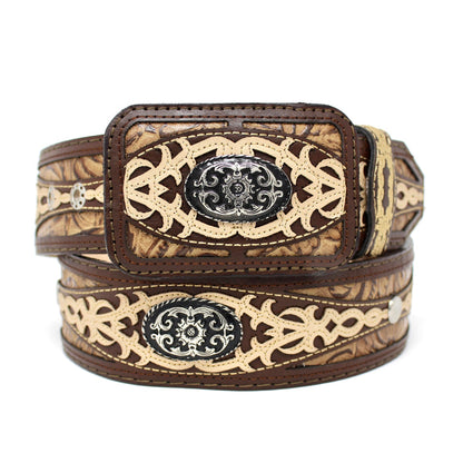 Laser Cowboy Belt w/ Square Concho Buckle - Café