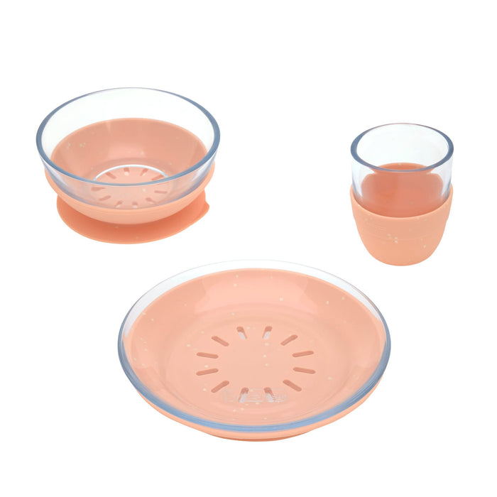 Lässig Kindergeschirr Orange aus Borosilikatglas mit Teller, Schüssel und Becher