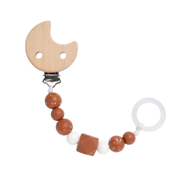 Lässig Schnullerkette Little Universe Mond in Rostrot mit Holzclip und Silikonring