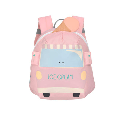 Lässig Kinderrucksack Tiny Drivers Eiswagen Rosa mit Brustgurt und Namensschild