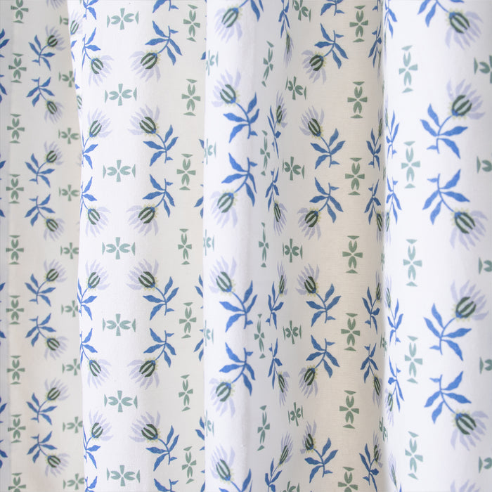 Lee Curtain (sold per panel) in cornflower blue floral print on soft cotton, made-to-order with short lead times, manufactured in the USA quality