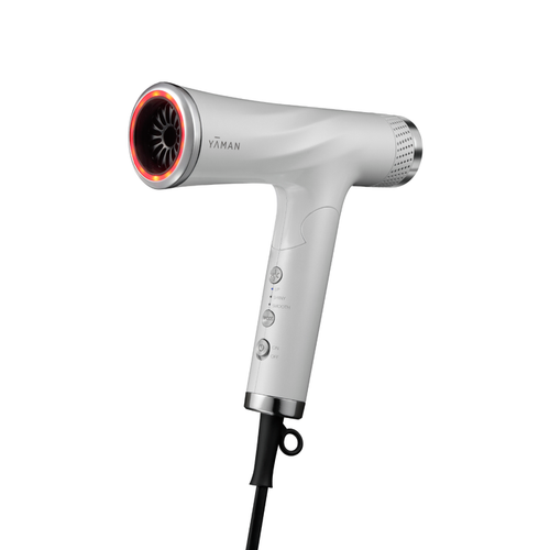 White hair dryer with red interior on a white background