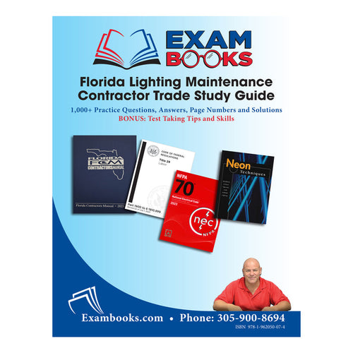 Cover of Florida Lighting Maintenance Contractor Study Guide with multiple reference manuals and a man in red shirt on blue background