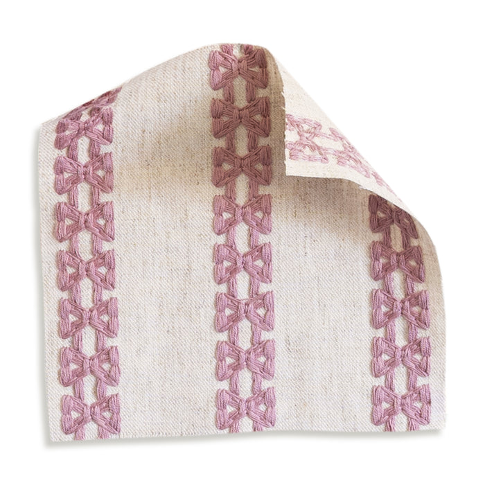 Lilith Orchid Embroidered Curtain fabric sample in ivory and orchid, made to order in the USA with short lead times