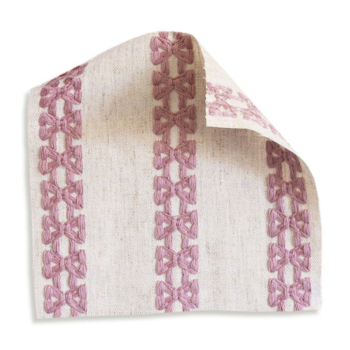 Lilith Orchid Embroidered Curtain fabric sample in ivory and orchid, made to order in the USA with short lead times
