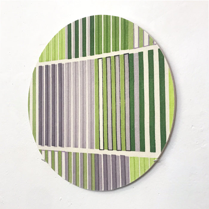 Line Study 2 by Molly Koehn features a circular composition with vertical stripes in varying shades of green and gray, arranged in geometric sections divided by white horizontal lines. Created using pigment on raw silk mounted to birch, the 10x10 inch artwork demonstrates a minimalist, contemporary approach to linear patterns.