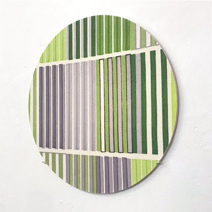 Line Study 2 by Molly Koehn features a circular composition with vertical stripes in varying shades of green and gray, arranged in geometric sections divided by white horizontal lines. Created using pigment on raw silk mounted to birch, the 10x10 inch artwork demonstrates a minimalist, contemporary approach to linear patterns.