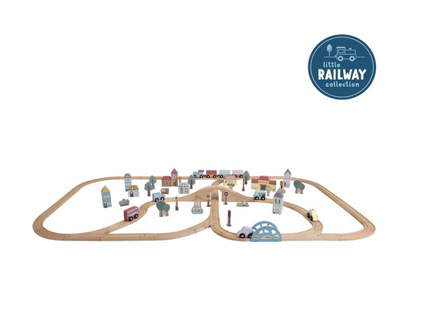 Little Dutch Holzeisenbahn Starterset XXL – großes Holz-Eisenbahnset mit 51 Schienen, Fahrzeugen, Stadtblöcken, Schildern und Figuren ab 3 Jahren