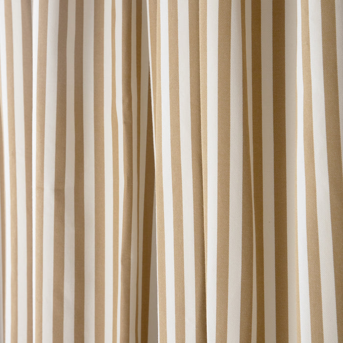 Louisa Camel Woven Shower Curtain with tan and white stripes, made-to-order in the USA with short lead times