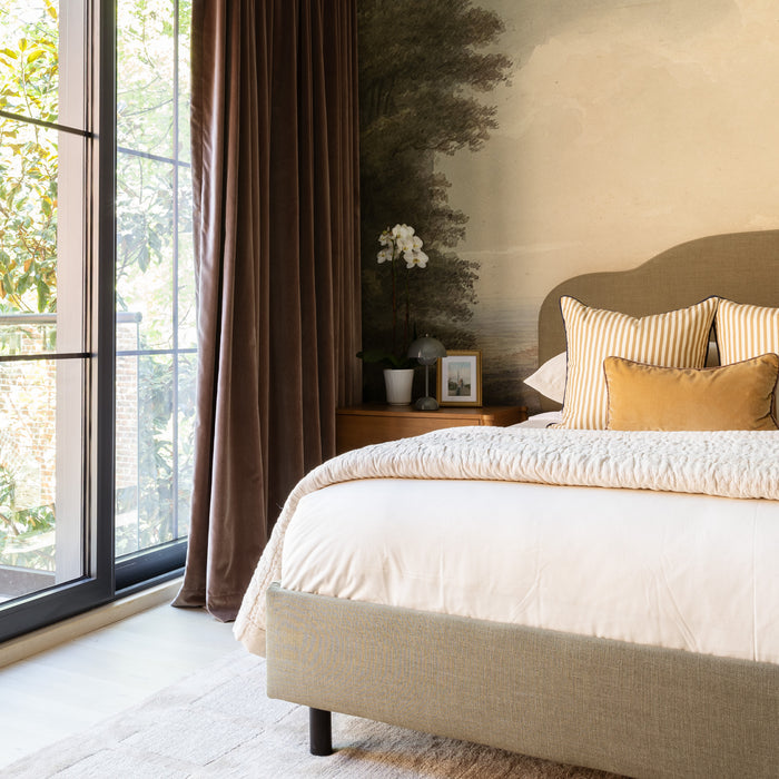 Louisa Camel throw pillow in a warm neutral bedroom, made to order, manufactured in USA with short lead times