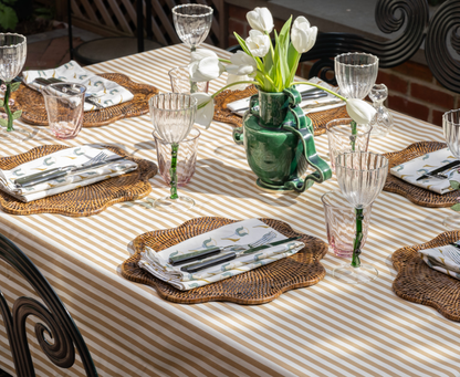 Louisa Camel custom tablecloth with warm stripes, enhancing elegant dining settings by Pepper Home.