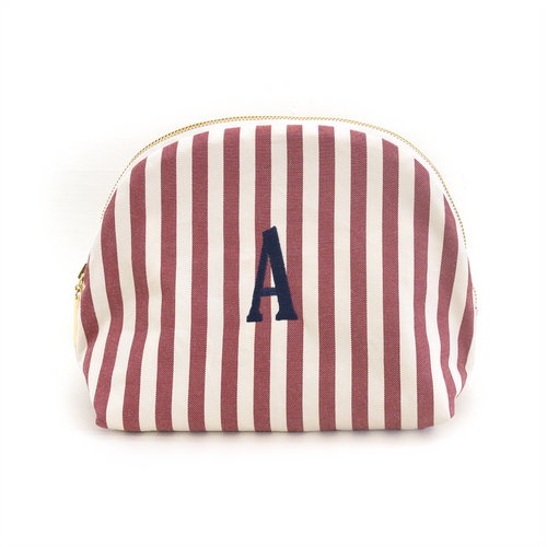 Louisa Cranberry pouch with vertical cranberry and white stripes, gold zipper, and navy monogram A, customizable design