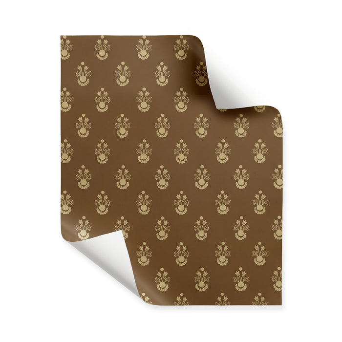 Lucie Cacao brown wallpaper with repeating beige botanical motifs, made-to-order in the USA with short lead times