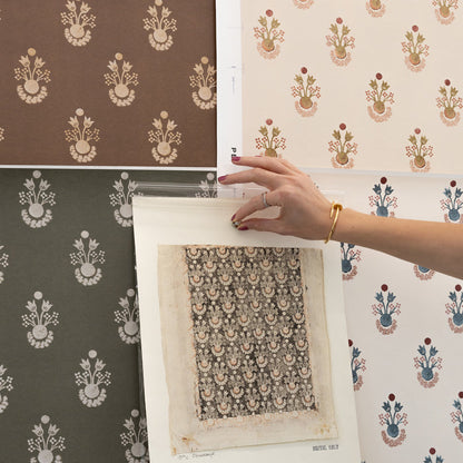 Lucie Olive fabric featuring floral motifs in olive and neutral shades, made-to-order, short lead times, crafted in the USA quality