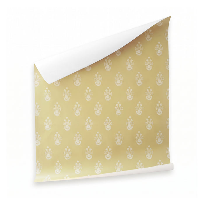 Lucie Goldenrod wallpaper in golden yellow with white botanical motifs, made to order in the USA with short lead times