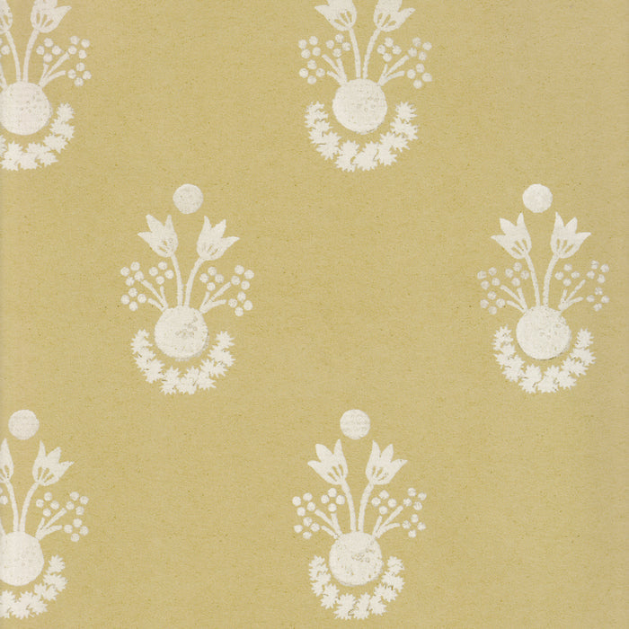 Lucie Goldenrod wallpaper featuring cream floral motifs on warm golden background, made-to-order, short lead times, USA quality craftsmanship